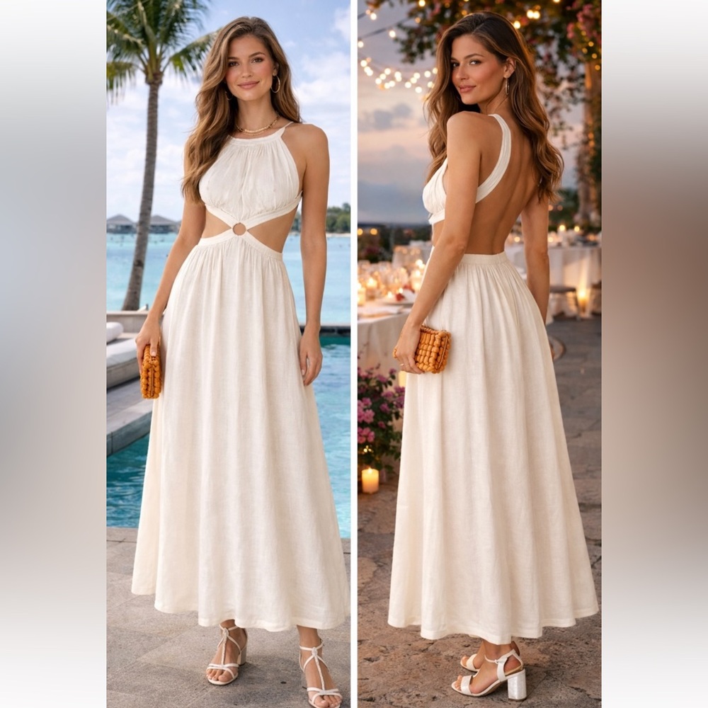 NWT Cult Gaia Theia Halter Backless Linen Blend MIDI Dress in Off- White Size M